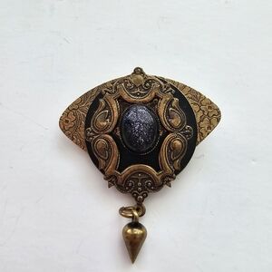 Art Nouveau Brass Brooch with Glitter Blackstone Cabochon & Drop